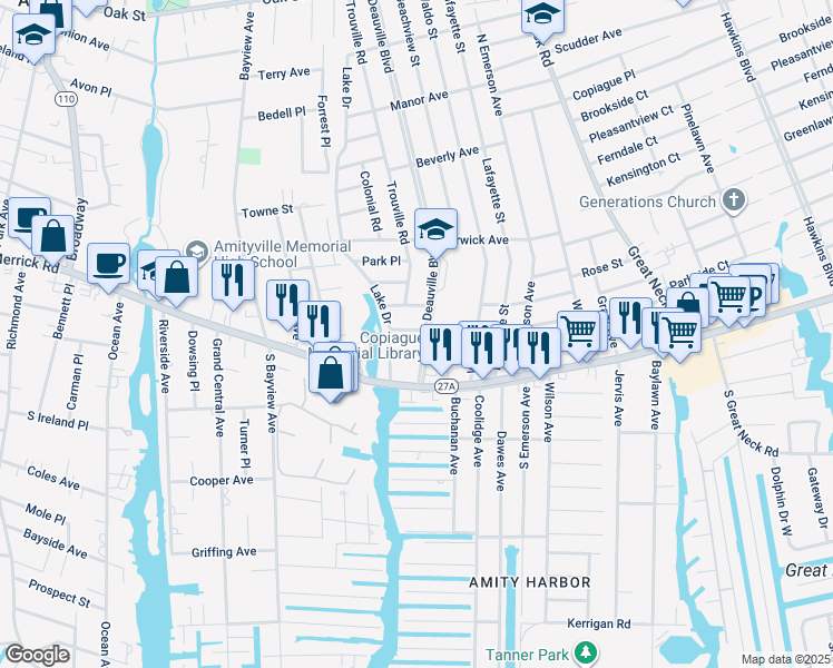 map of restaurants, bars, coffee shops, grocery stores, and more near 43 Deauville Boulevard in Copiague