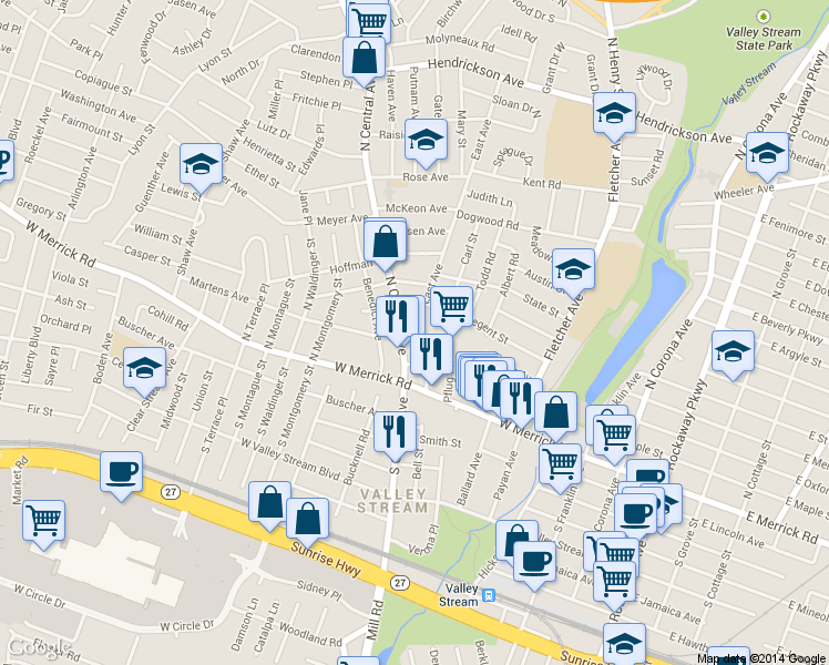 map of restaurants, bars, coffee shops, grocery stores, and more near 99 Regent Street in Valley Stream