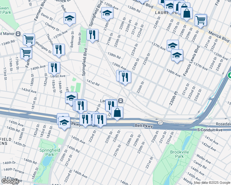 map of restaurants, bars, coffee shops, grocery stores, and more near 222-29 141st Road in Queens
