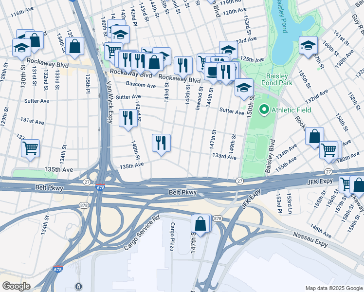 map of restaurants, bars, coffee shops, grocery stores, and more near 130-36 Inwood Street in Queens