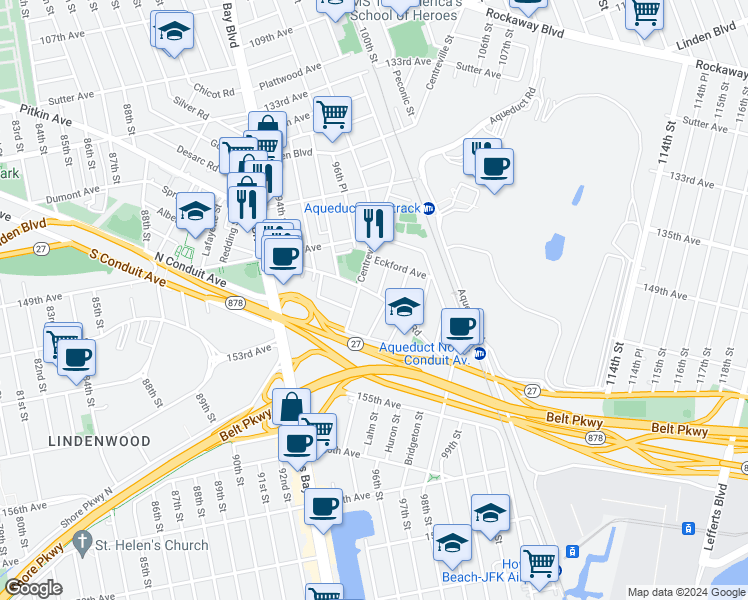 map of restaurants, bars, coffee shops, grocery stores, and more near 149-55 Tahoe Street in Queens