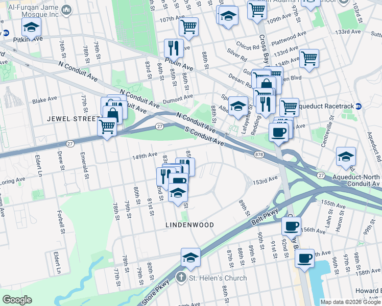 map of restaurants, bars, coffee shops, grocery stores, and more near 149-01 85th Street in Queens
