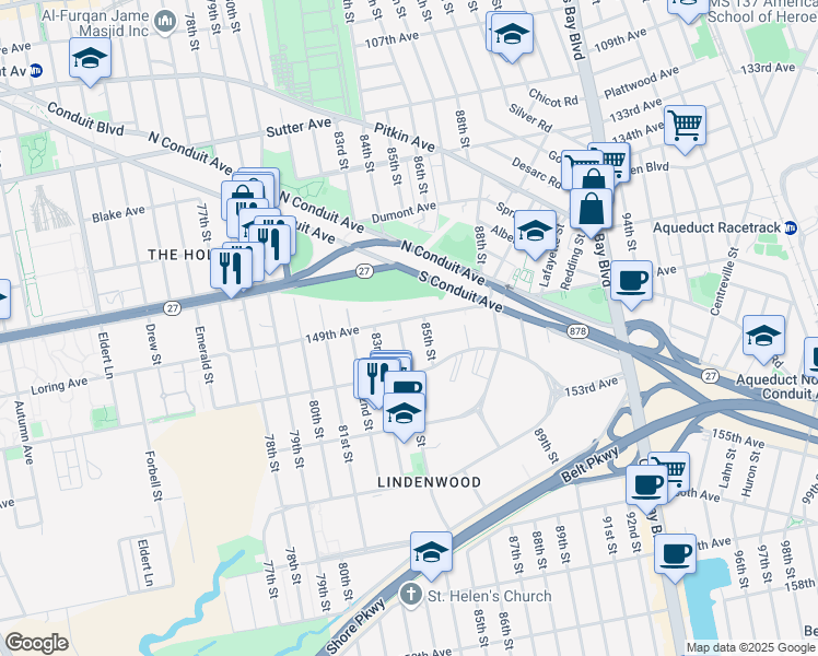 map of restaurants, bars, coffee shops, grocery stores, and more near 84-3 149th Avenue in Queens