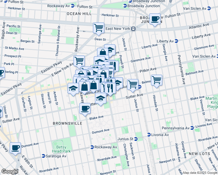 map of restaurants, bars, coffee shops, grocery stores, and more near 393 Mother Gaston Boulevard in Brooklyn