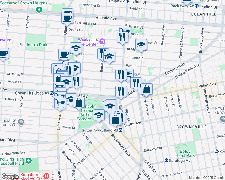 map of restaurants, bars, coffee shops, grocery stores, and more near 1571 Lincoln Place in Brooklyn