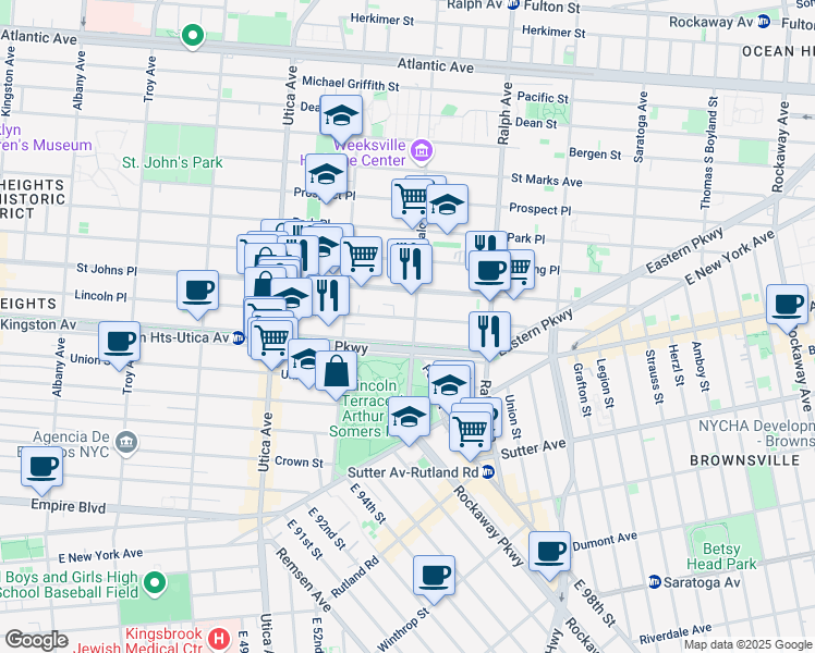 map of restaurants, bars, coffee shops, grocery stores, and more near 1527 Lincoln Place in Brooklyn