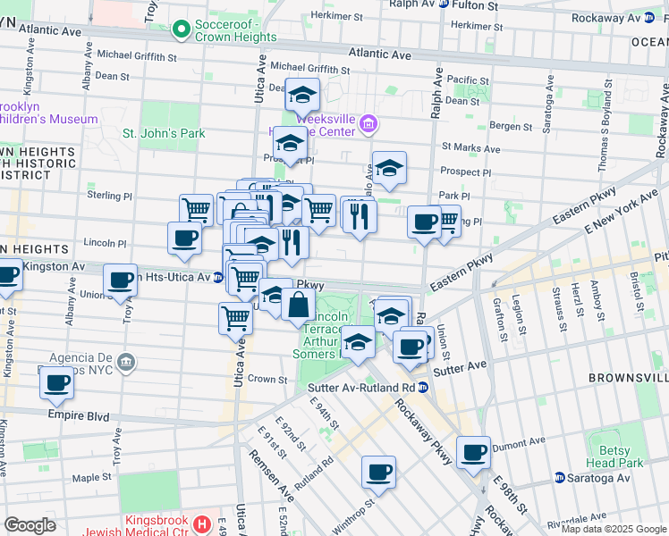 map of restaurants, bars, coffee shops, grocery stores, and more near 1482 Lincoln Place in Brooklyn