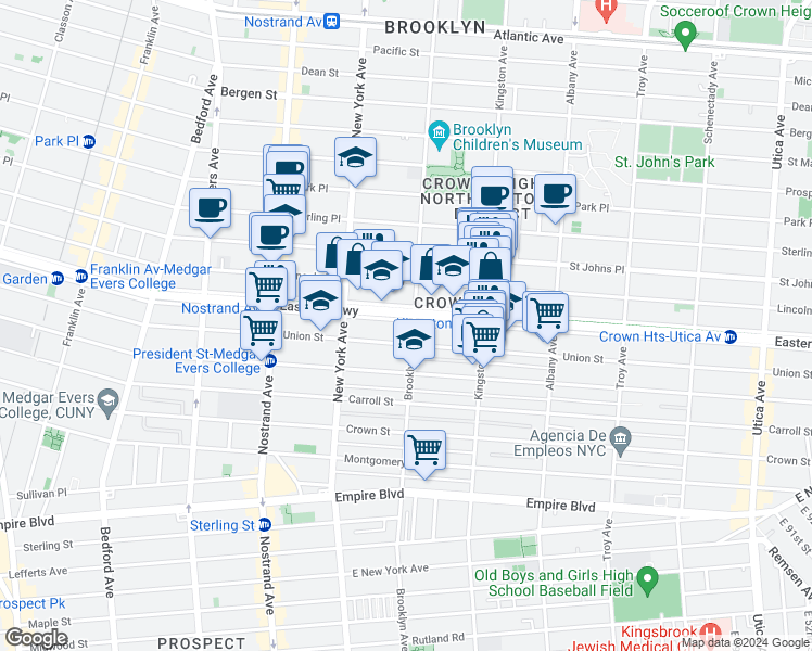 map of restaurants, bars, coffee shops, grocery stores, and more near 694 Eastern Parkway in Brooklyn