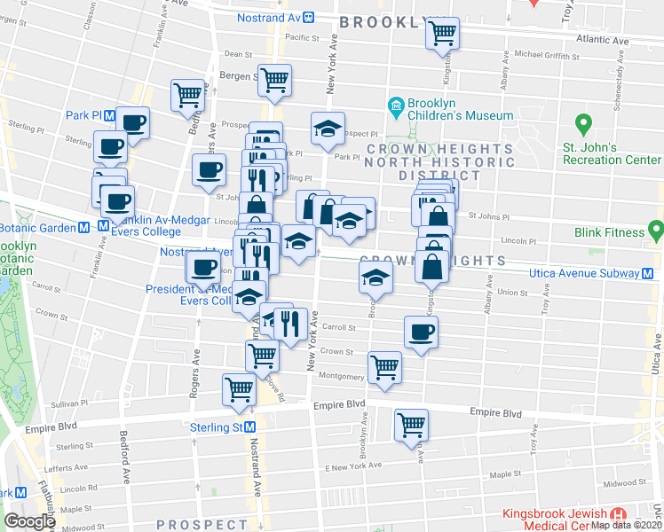 map of restaurants, bars, coffee shops, grocery stores, and more near 650 Eastern Parkway in Brooklyn