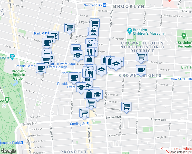 map of restaurants, bars, coffee shops, grocery stores, and more near 840 Nostrand Avenue in Brooklyn
