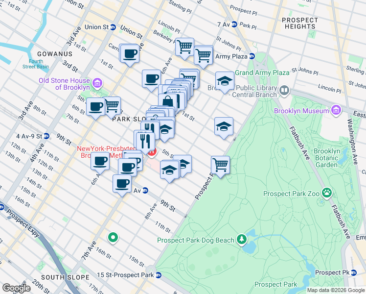 map of restaurants, bars, coffee shops, grocery stores, and more near 558 3rd Street in Brooklyn