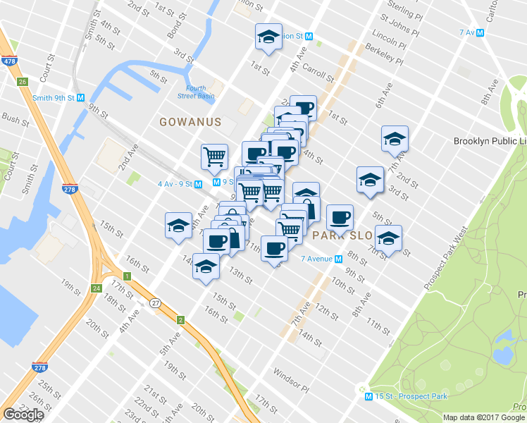 map of restaurants, bars, coffee shops, grocery stores, and more near 410 5th Avenue in Brooklyn