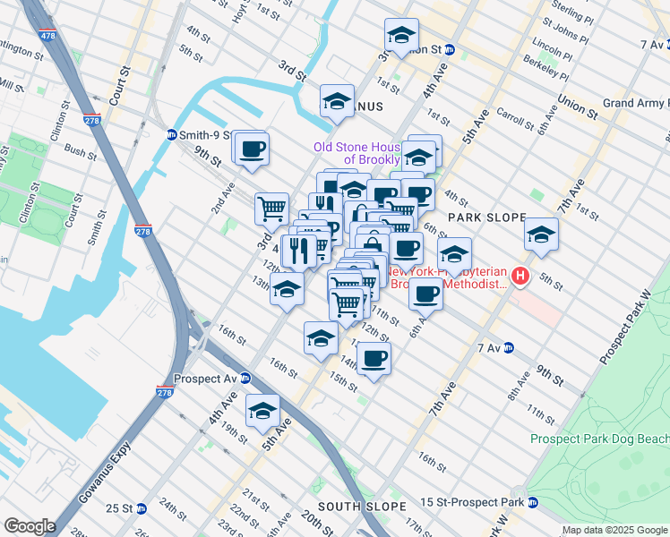 map of restaurants, bars, coffee shops, grocery stores, and more near 300 10th Street in Brooklyn