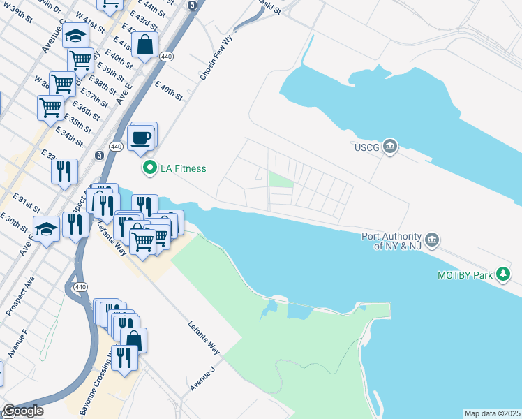 map of restaurants, bars, coffee shops, grocery stores, and more near Port Terminal Boulevard in Bayonne