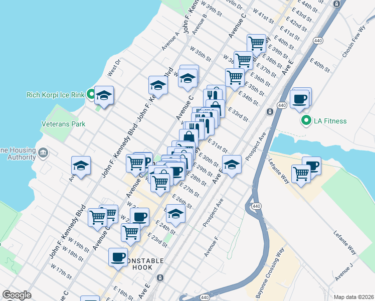 map of restaurants, bars, coffee shops, grocery stores, and more near 24 West 30th Street in Bayonne