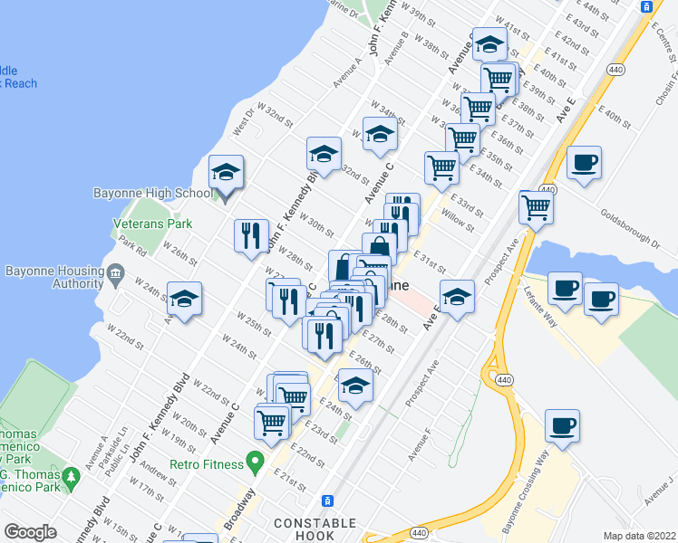 map of restaurants, bars, coffee shops, grocery stores, and more near 650 Avenue C in Bayonne