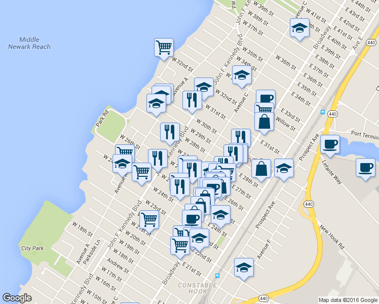 map of restaurants, bars, coffee shops, grocery stores, and more near 97 West 27th Street in Bayonne