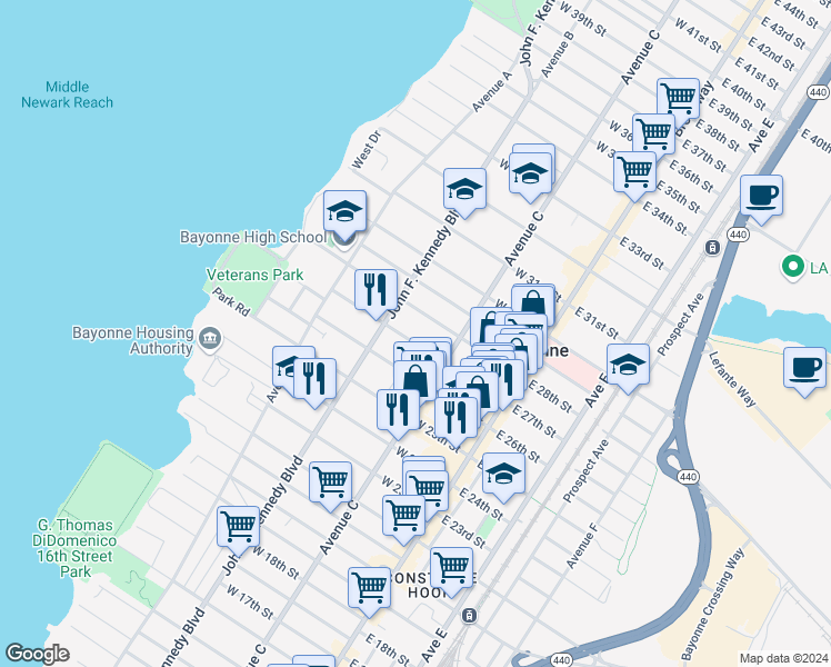 map of restaurants, bars, coffee shops, grocery stores, and more near 97 West 27th Street in Bayonne