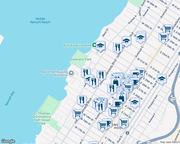 map of restaurants, bars, coffee shops, grocery stores, and more near 169 West 25th Street in Bayonne