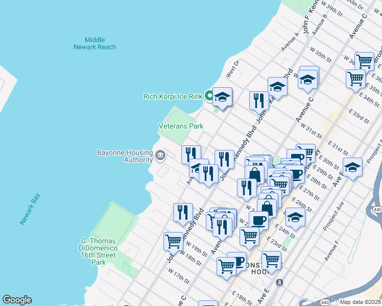 map of restaurants, bars, coffee shops, grocery stores, and more near 169 West 25th Street in Bayonne