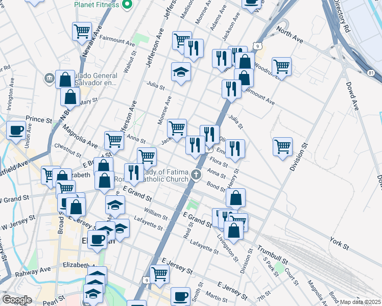 map of restaurants, bars, coffee shops, grocery stores, and more near 1015 Flora Street in Elizabeth