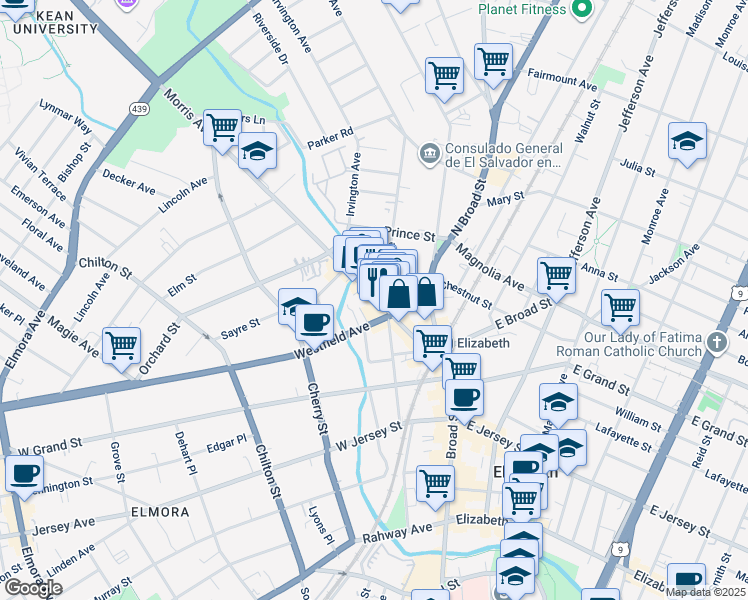 map of restaurants, bars, coffee shops, grocery stores, and more near 328 Morris Avenue in Elizabeth