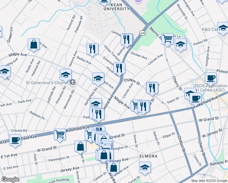 map of restaurants, bars, coffee shops, grocery stores, and more near 422 Elmora Avenue in Elizabeth