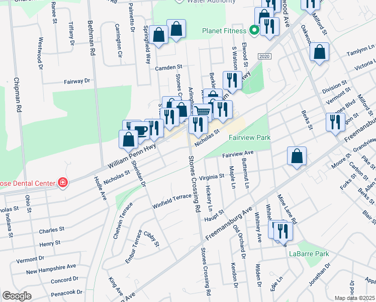 map of restaurants, bars, coffee shops, grocery stores, and more near 602 Stones Crossing Road in Easton