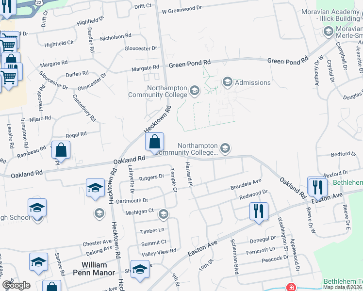 map of restaurants, bars, coffee shops, grocery stores, and more near 3725 Oakland Road in Bethlehem
