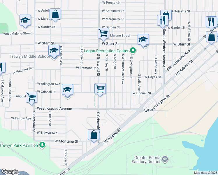 map of restaurants, bars, coffee shops, grocery stores, and more near 1701 South Arago Street in Peoria