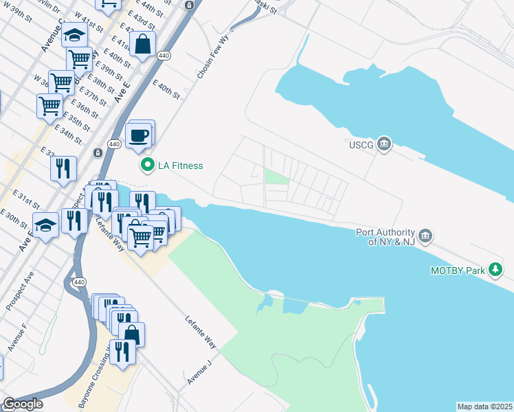 map of restaurants, bars, coffee shops, grocery stores, and more near Port Terminal Boulevard in Bayonne