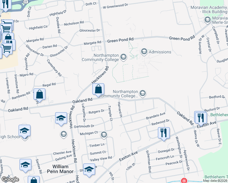 map of restaurants, bars, coffee shops, grocery stores, and more near 3725 Oakland Road in Bethlehem