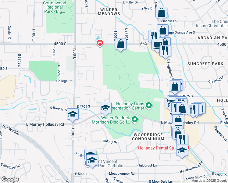 map of restaurants, bars, coffee shops, grocery stores, and more near 4656 South 1590 East in Holladay