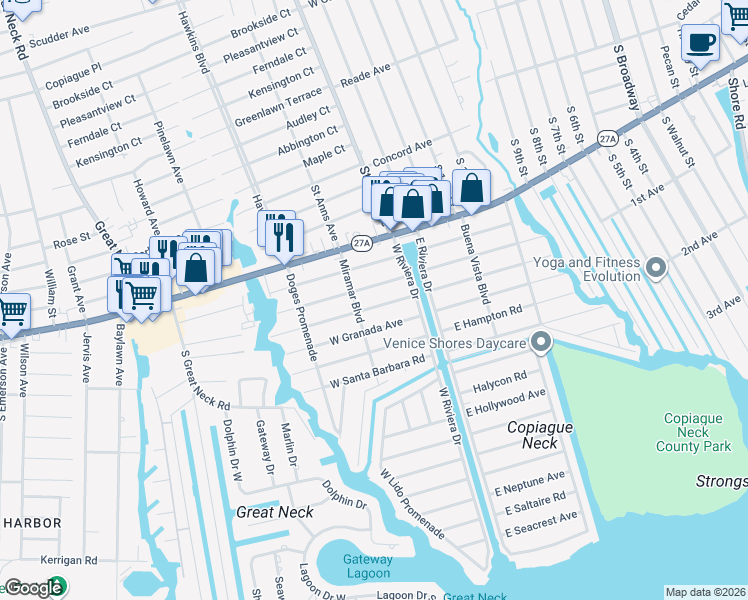map of restaurants, bars, coffee shops, grocery stores, and more near 41 West Belleterre Avenue in Lindenhurst