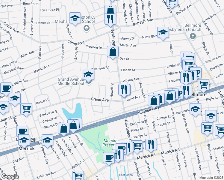 map of restaurants, bars, coffee shops, grocery stores, and more near 959 Howell Street in Bellmore