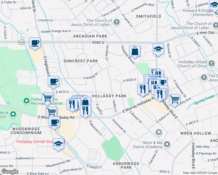 map of restaurants, bars, coffee shops, grocery stores, and more near in Holladay