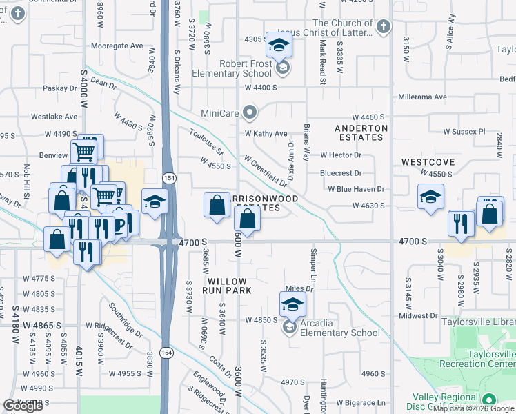 map of restaurants, bars, coffee shops, grocery stores, and more near 4618 South Harrisonwood Circle in Salt Lake City