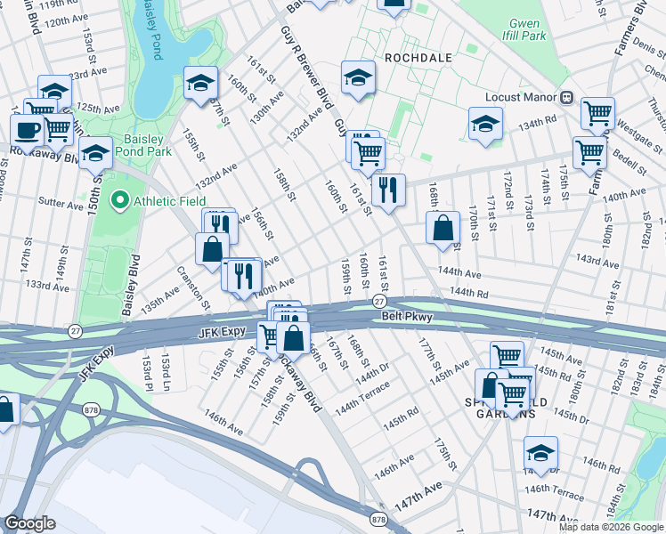 map of restaurants, bars, coffee shops, grocery stores, and more near 137-30 158th Street in Queens