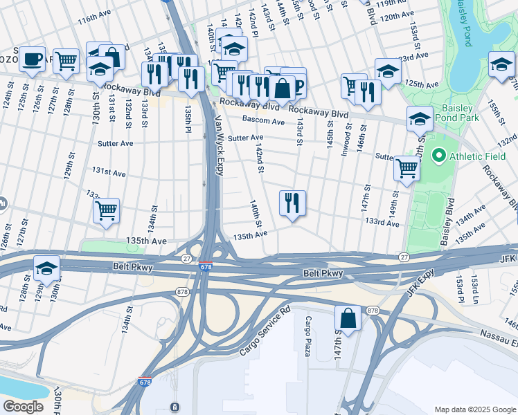 map of restaurants, bars, coffee shops, grocery stores, and more near 132-15 140th Street in Queens