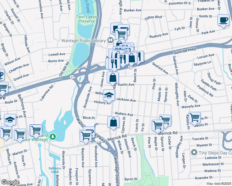 map of restaurants, bars, coffee shops, grocery stores, and more near 2091 Wantagh Avenue in Wantagh