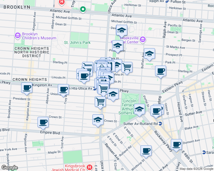map of restaurants, bars, coffee shops, grocery stores, and more near 1388 Lincoln Place in Brooklyn
