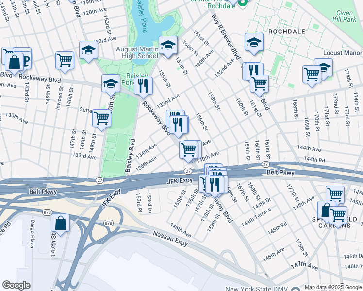 map of restaurants, bars, coffee shops, grocery stores, and more near 15363 Rockaway Boulevard in Queens