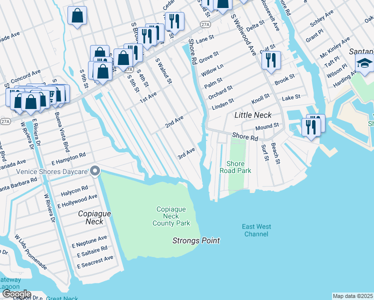 map of restaurants, bars, coffee shops, grocery stores, and more near 890 South 4th Street in Lindenhurst