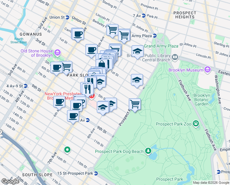 map of restaurants, bars, coffee shops, grocery stores, and more near 300 8th Avenue in Brooklyn