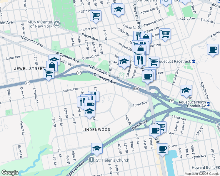 map of restaurants, bars, coffee shops, grocery stores, and more near 87-10 149th Avenue in Queens