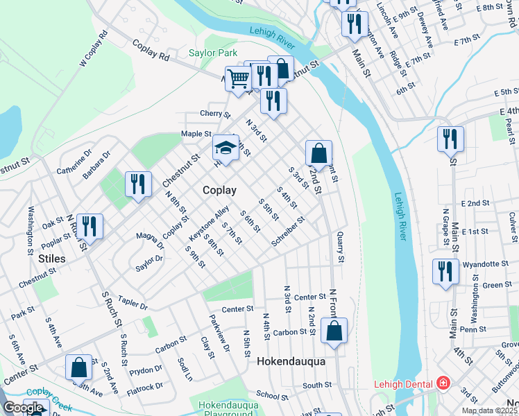 map of restaurants, bars, coffee shops, grocery stores, and more near 40 South 5th Street in Coplay
