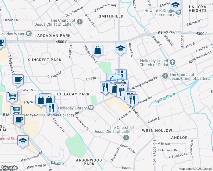 map of restaurants, bars, coffee shops, grocery stores, and more near 2241 Laney Avenue in Holladay