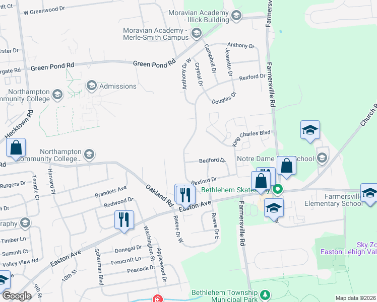 map of restaurants, bars, coffee shops, grocery stores, and more near 4178 Rexford Drive in Bethlehem