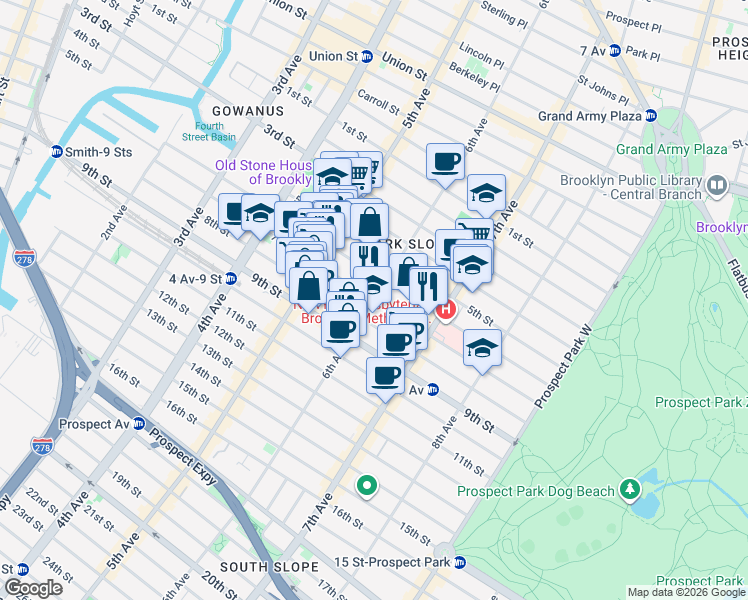map of restaurants, bars, coffee shops, grocery stores, and more near 6th Avenue & 7th Street in Brooklyn