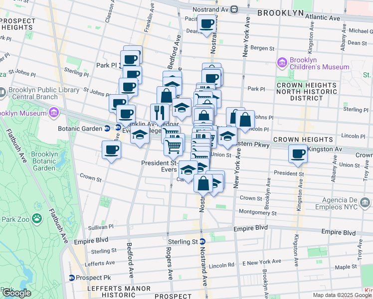 map of restaurants, bars, coffee shops, grocery stores, and more near 516 Eastern Parkway in Brooklyn